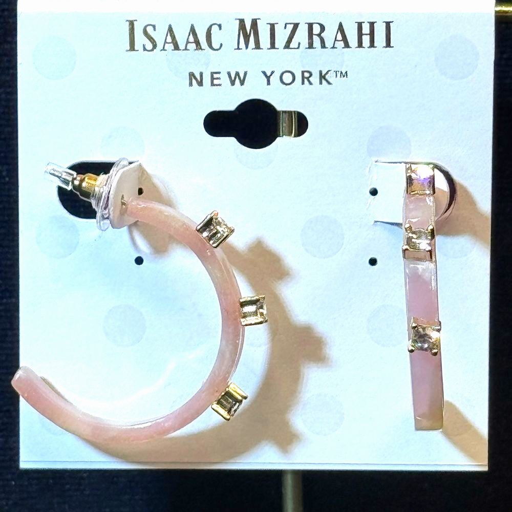 NWT Isaac Mizrahi Gold Tone Pink Resin Crystal Statement Hoop Earrings 1.25"